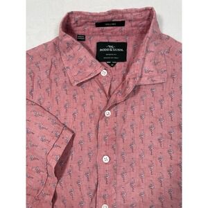 Rodd & Gunn Shirt Mens M Pink Linen Flamingo Short Sleeve Sports Fit Button-Up